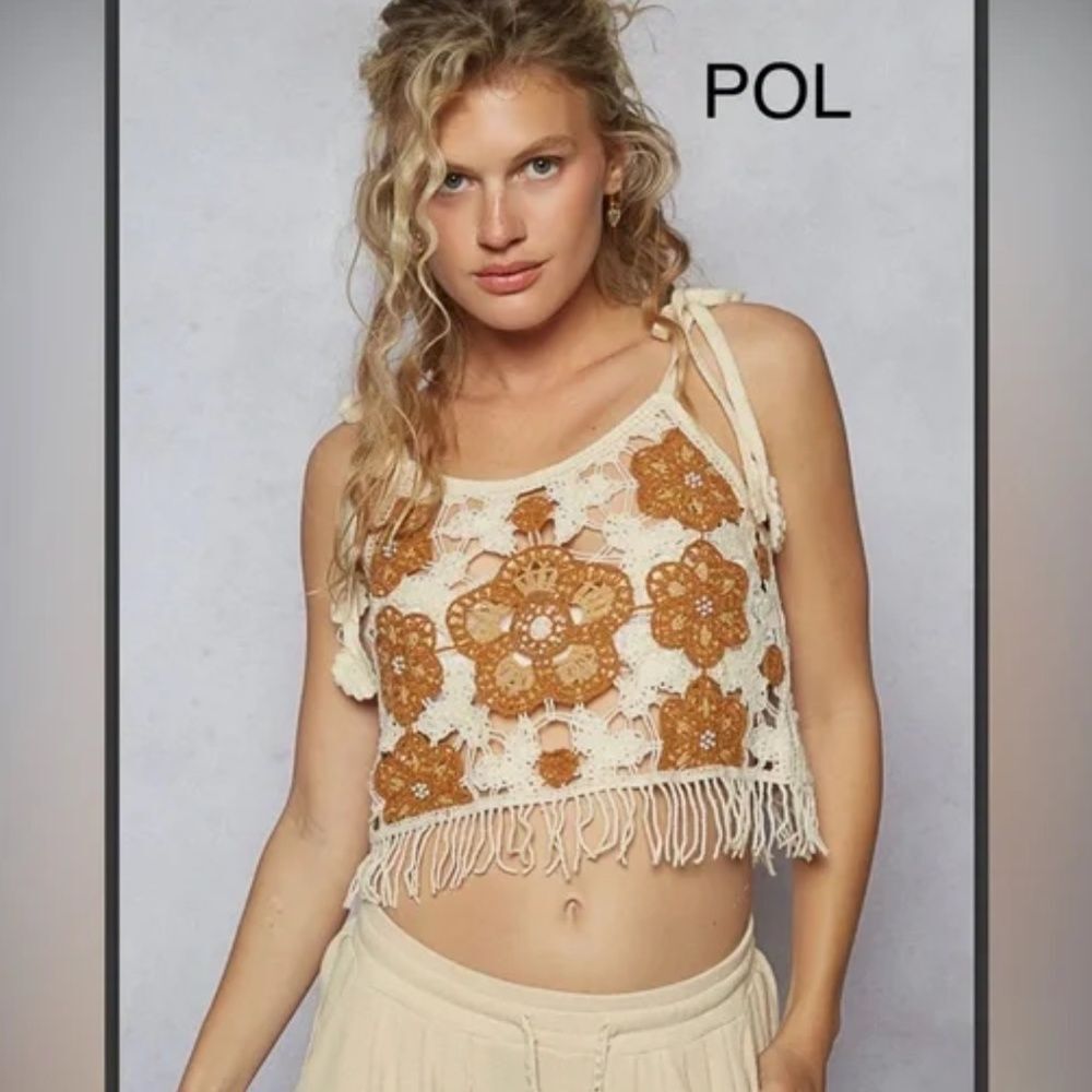 POL tank POL camisole crocheted OS one size Cream and Brown Crochet Tank Top